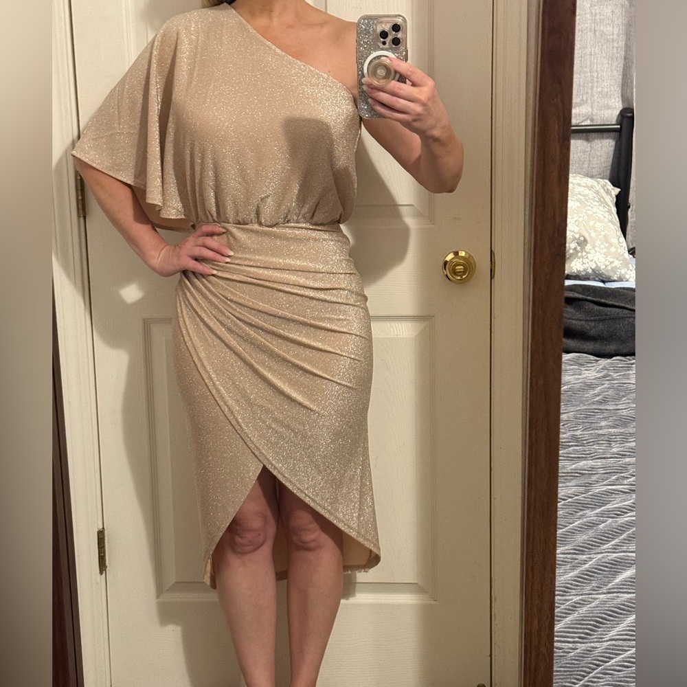 Main Strip Champagne Glitter High-Low Draped Dress